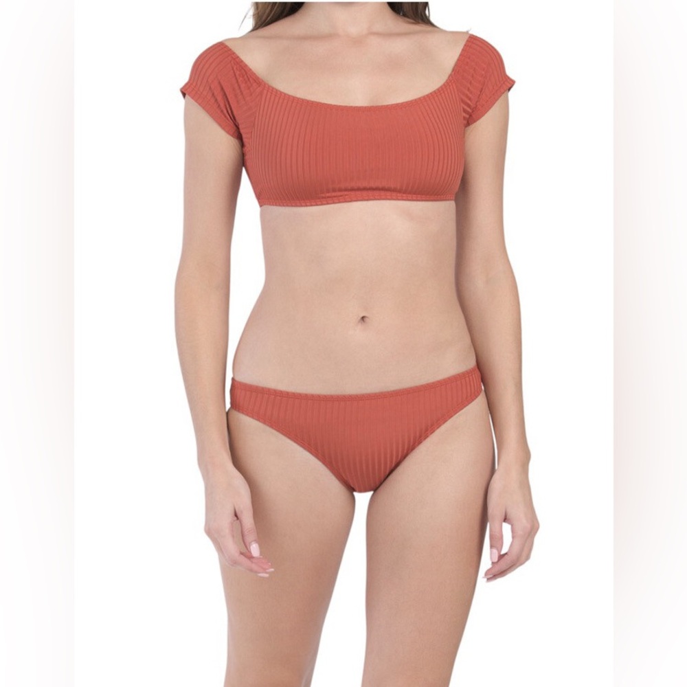 Cabana Del Sol Ribbed Off-Shoulder Bikini Set in Terracotta